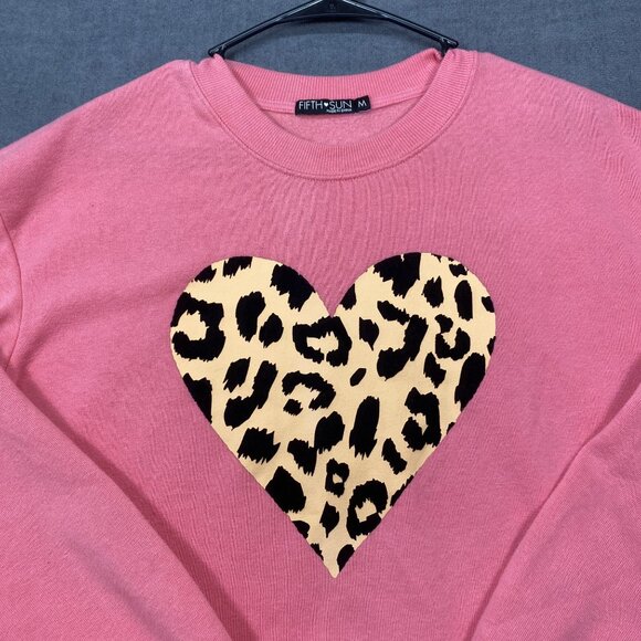 Fifth Sun Pink Sweatshirt Leopard Print Heart Crew Neck Long Sleeves Womens M - Picture 2 of 9